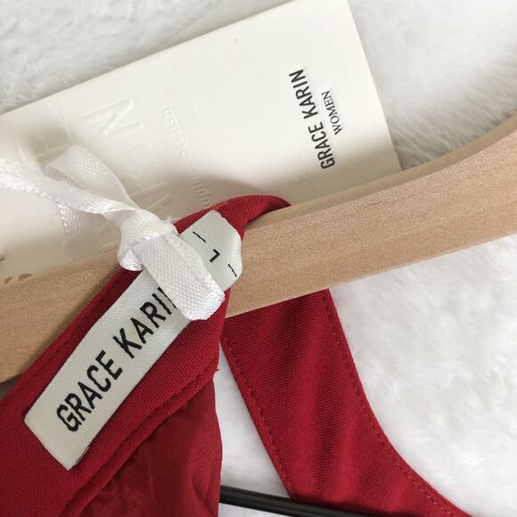 NWT GRACE KARIN Dress Sz L Cherry Red Halter Tie Wrap Ruffles Feminine Romantic - Picture 6 of 14